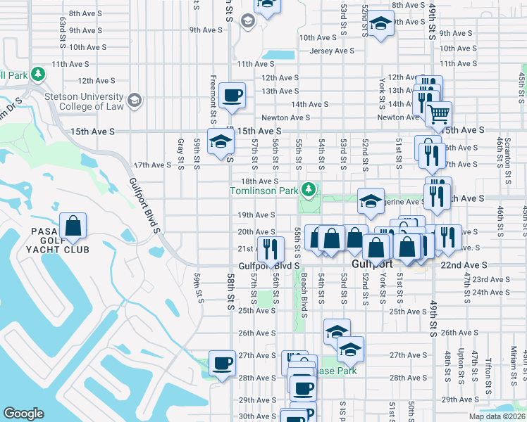 map of restaurants, bars, coffee shops, grocery stores, and more near 5614 Tangerine Avenue South in Gulfport