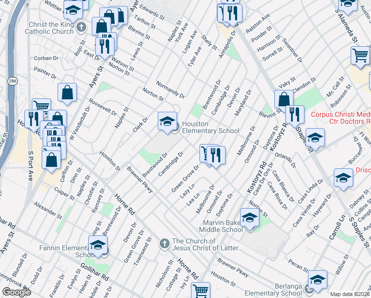 map of restaurants, bars, coffee shops, grocery stores, and more near Cambridge Drive in Corpus Christi