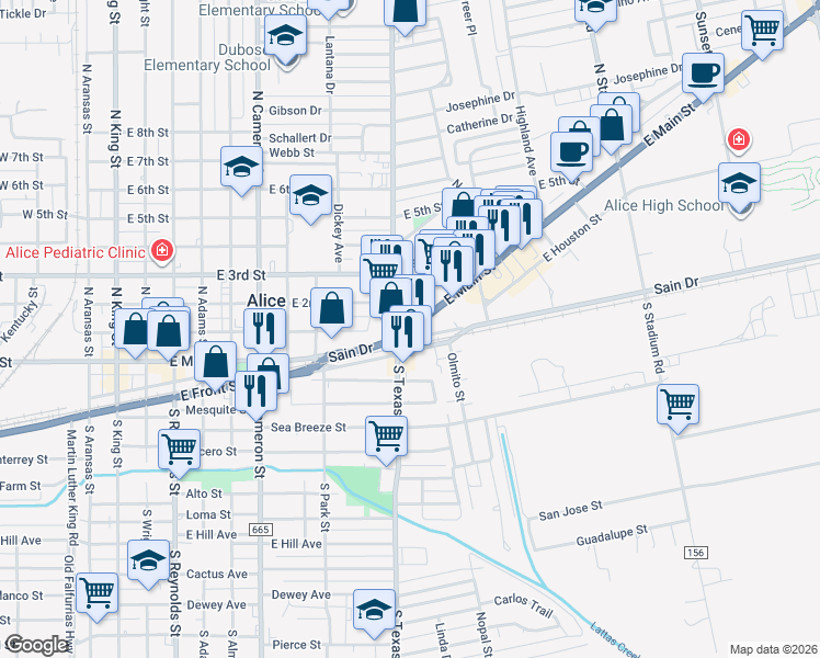 map of restaurants, bars, coffee shops, grocery stores, and more near 1116 East Main Street in Alice