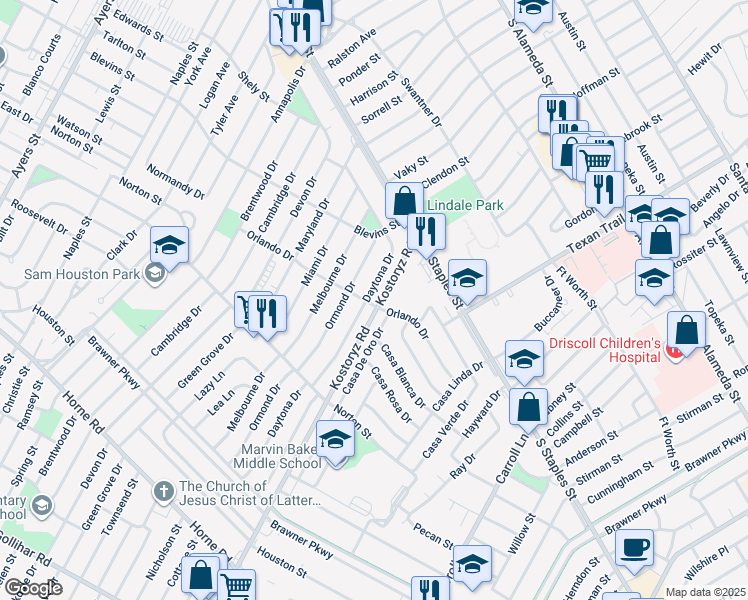 map of restaurants, bars, coffee shops, grocery stores, and more near 1366 Daytona Drive in Corpus Christi
