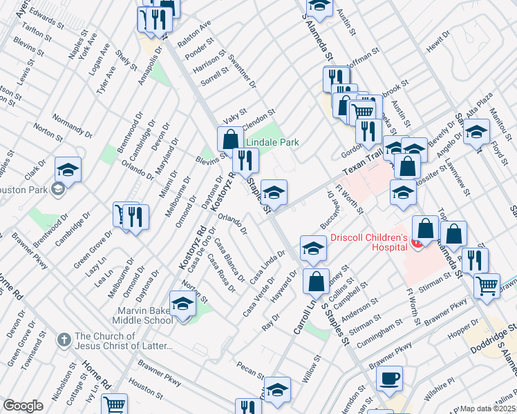 map of restaurants, bars, coffee shops, grocery stores, and more near 3241 South Staples Street in Corpus Christi