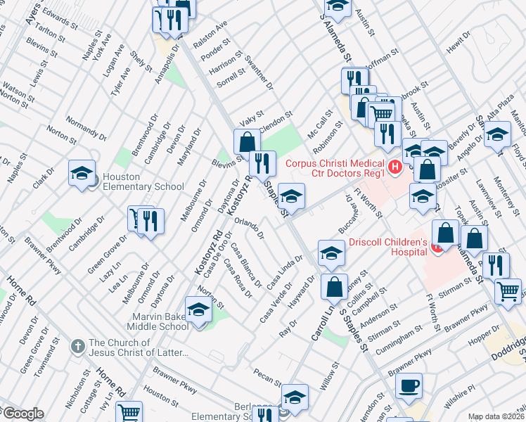 map of restaurants, bars, coffee shops, grocery stores, and more near 3241 South Staples Street in Corpus Christi
