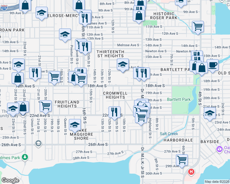 map of restaurants, bars, coffee shops, grocery stores, and more near 501 79th Street South in St. Petersburg
