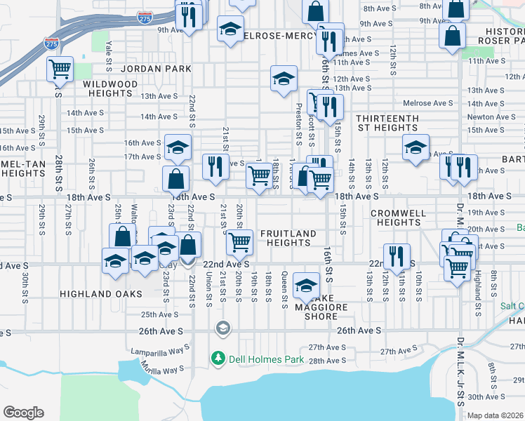 map of restaurants, bars, coffee shops, grocery stores, and more near 1826 19th Street South in St. Petersburg