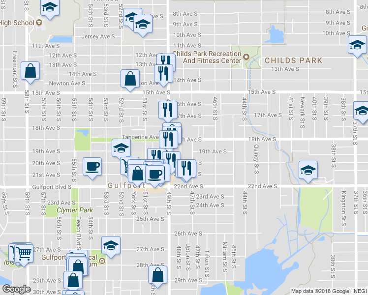 map of restaurants, bars, coffee shops, grocery stores, and more near 1817 47th Street South in St. Petersburg
