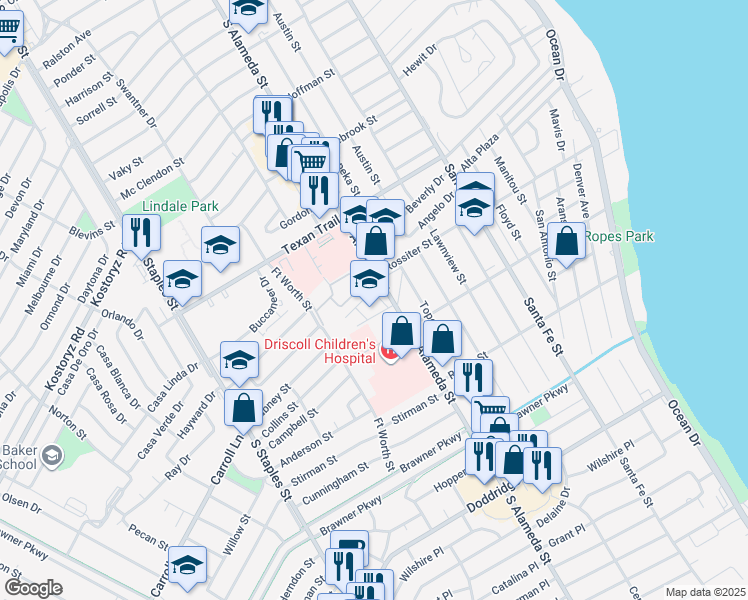 map of restaurants, bars, coffee shops, grocery stores, and more near 3333 South Alameda Street in Corpus Christi