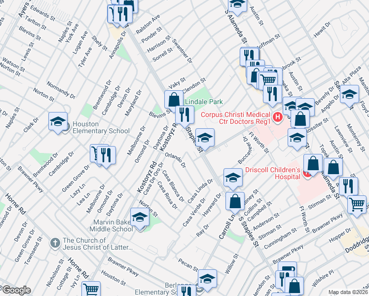 map of restaurants, bars, coffee shops, grocery stores, and more near 3241 South Staples Street in Corpus Christi