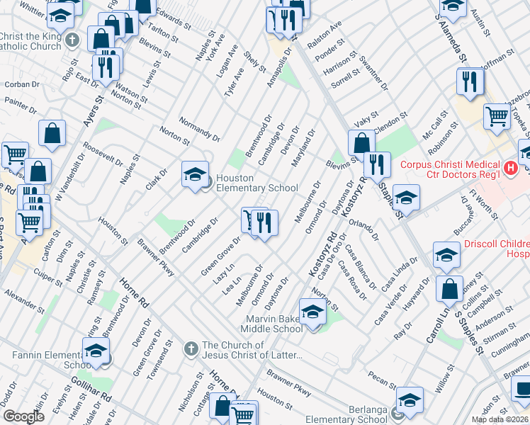 map of restaurants, bars, coffee shops, grocery stores, and more near 1435 Maryland Drive in Corpus Christi