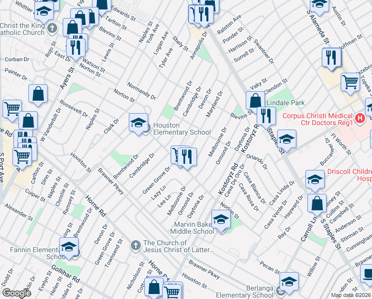 map of restaurants, bars, coffee shops, grocery stores, and more near 1435 Maryland Drive in Corpus Christi