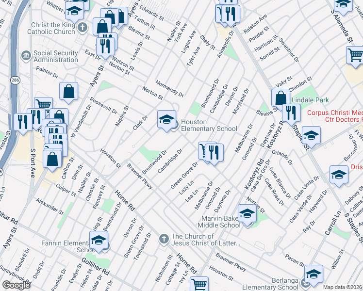 map of restaurants, bars, coffee shops, grocery stores, and more near 1514 Brentwood Drive in Corpus Christi