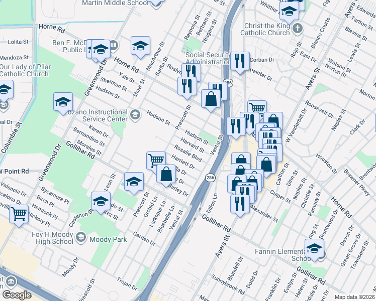 map of restaurants, bars, coffee shops, grocery stores, and more near 2034 Rosalie Boulevard in Corpus Christi