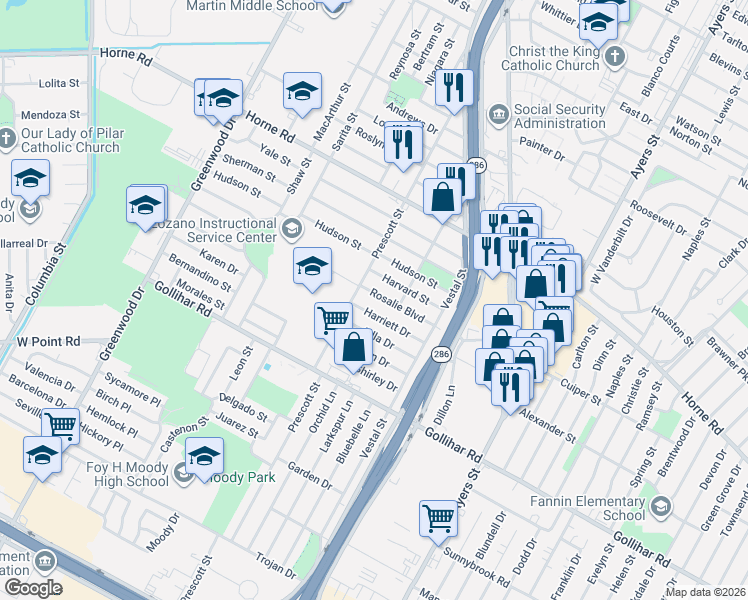map of restaurants, bars, coffee shops, grocery stores, and more near 2001 Rosalie Boulevard in Corpus Christi
