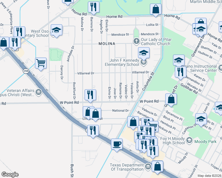 map of restaurants, bars, coffee shops, grocery stores, and more near 4601 Elvira Drive in Corpus Christi