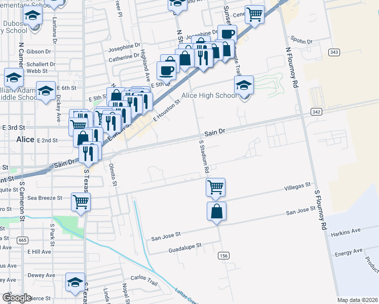 map of restaurants, bars, coffee shops, grocery stores, and more near 110 South Stadium Road in Alice