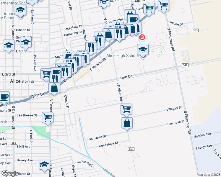 map of restaurants, bars, coffee shops, grocery stores, and more near 110 South Stadium Road in Alice