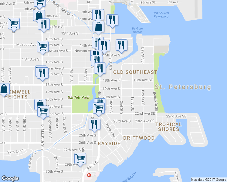 map of restaurants, bars, coffee shops, grocery stores, and more near 250 19th Avenue South in St. Petersburg