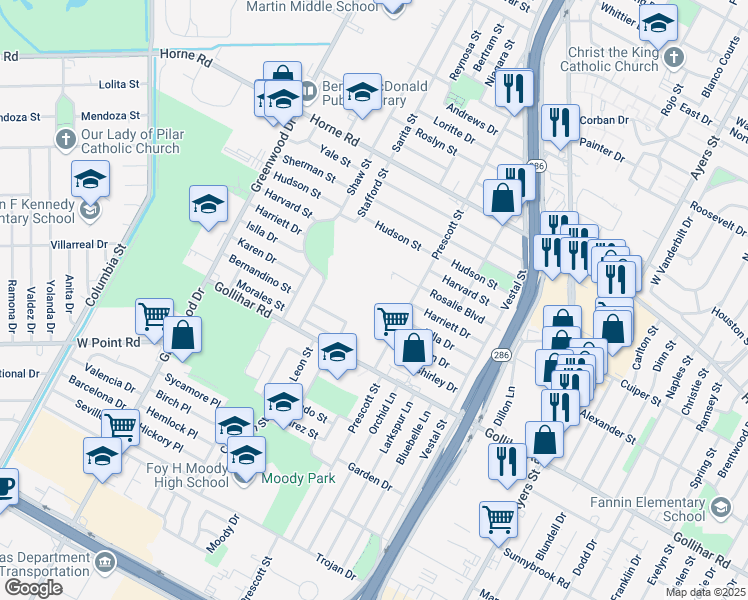 map of restaurants, bars, coffee shops, grocery stores, and more near 4321 Prescott Street in Corpus Christi