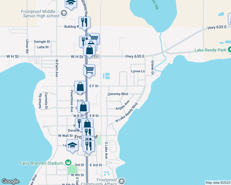 map of restaurants, bars, coffee shops, grocery stores, and more near 239 Chesney Boulevard in Frostproof