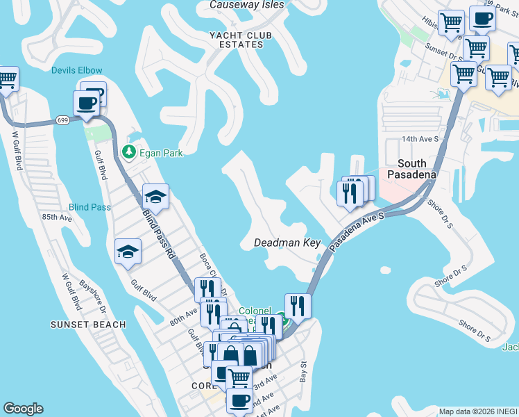map of restaurants, bars, coffee shops, grocery stores, and more near 7979 Sailboat Key Boulevard South in South Pasadena