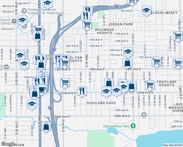 map of restaurants, bars, coffee shops, grocery stores, and more near 1820 28th Street South in St. Petersburg