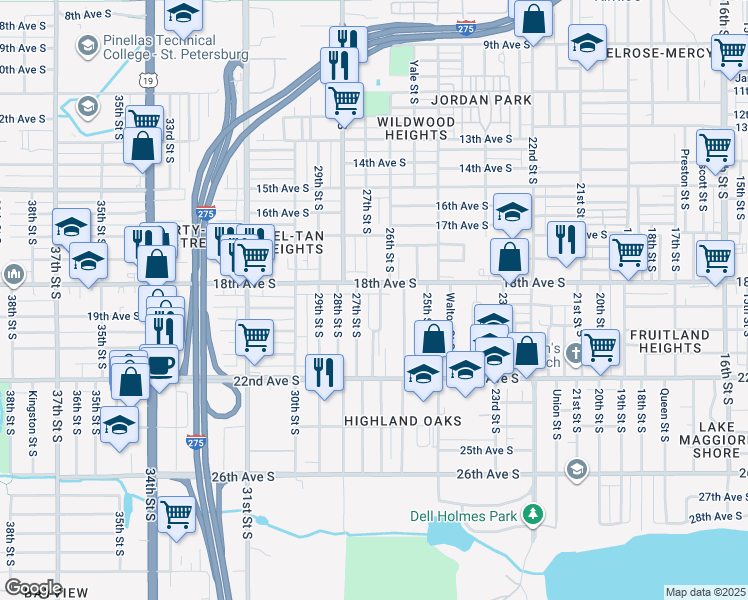 map of restaurants, bars, coffee shops, grocery stores, and more near 1820 Auburn Street South in St. Petersburg