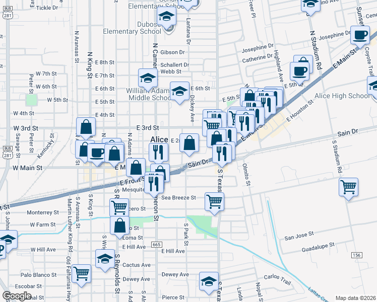 map of restaurants, bars, coffee shops, grocery stores, and more near 913 East 1st Street in Alice