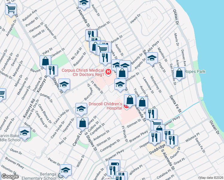map of restaurants, bars, coffee shops, grocery stores, and more near 3333 South Alameda Street in Corpus Christi