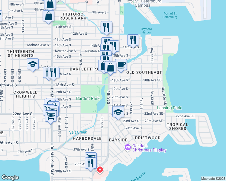 map of restaurants, bars, coffee shops, grocery stores, and more near 342 19th Avenue South in Saint Petersburg