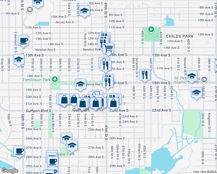 map of restaurants, bars, coffee shops, grocery stores, and more near 1830 49th Street South in Gulfport