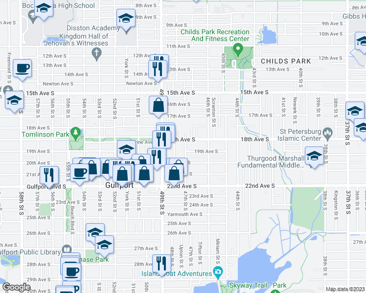 map of restaurants, bars, coffee shops, grocery stores, and more near 1817 47th Street South in St. Petersburg