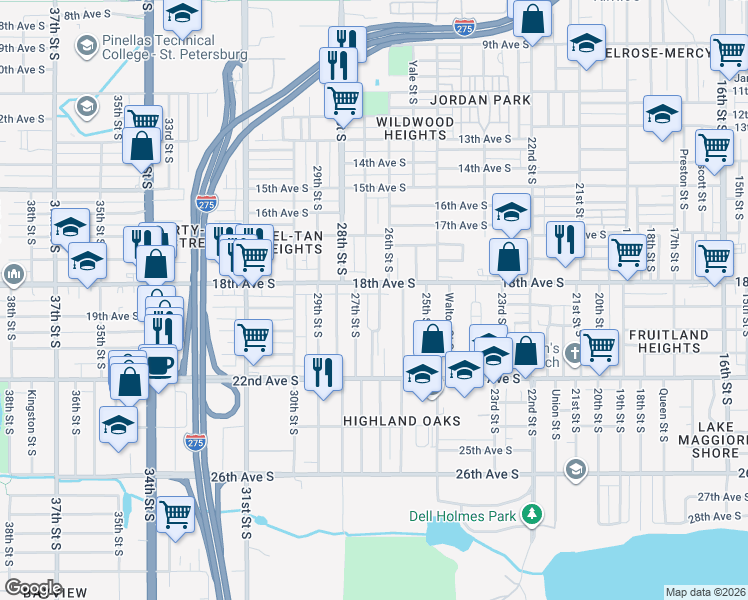 map of restaurants, bars, coffee shops, grocery stores, and more near 1827 Auburn Street South in Saint Petersburg