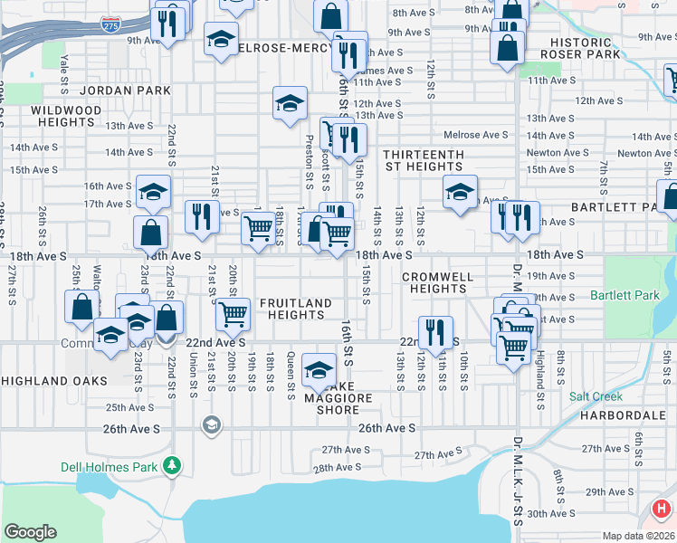 map of restaurants, bars, coffee shops, grocery stores, and more near 1818 16th Street South in St. Petersburg