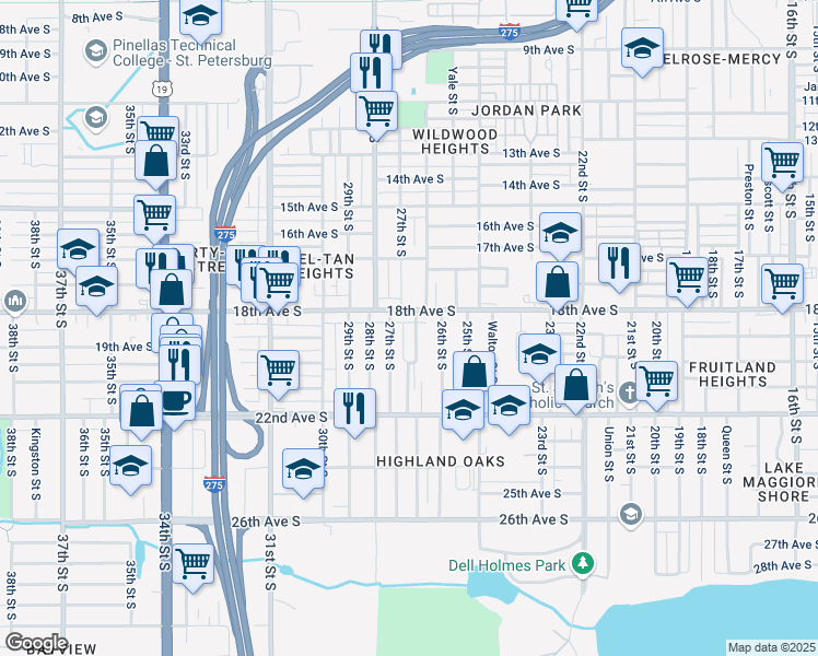 map of restaurants, bars, coffee shops, grocery stores, and more near 1820 Auburn Street South in St. Petersburg