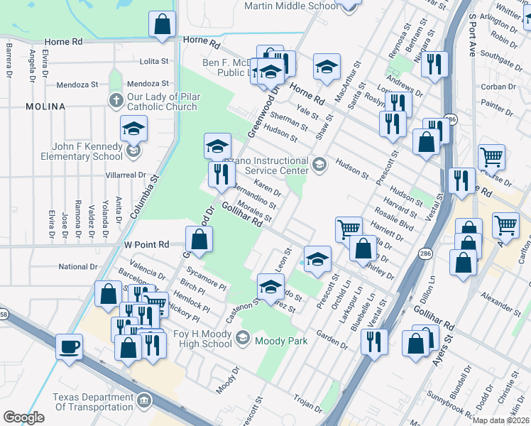 map of restaurants, bars, coffee shops, grocery stores, and more near 1746 Morales Street in Corpus Christi