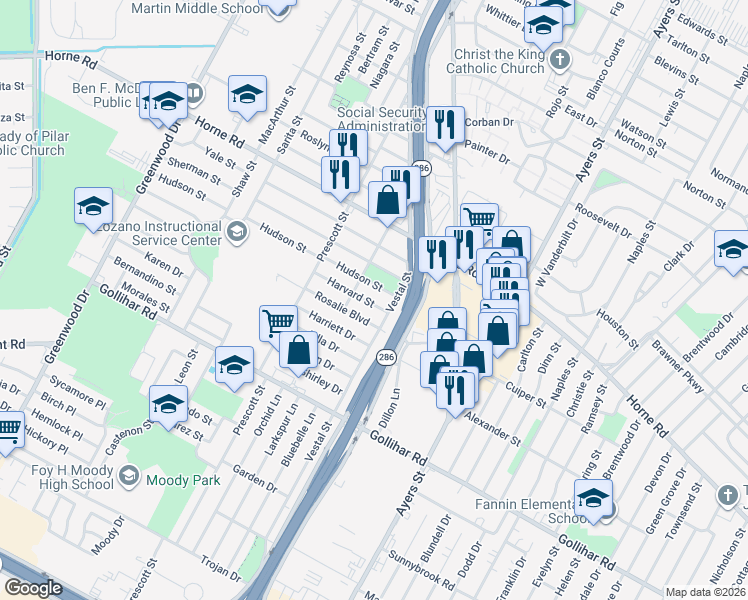 map of restaurants, bars, coffee shops, grocery stores, and more near 2122 Harvard Street in Corpus Christi
