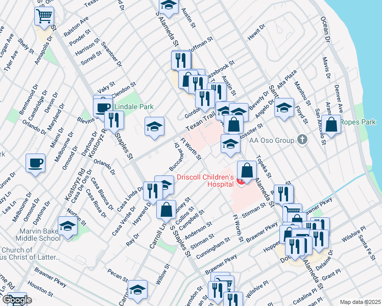 map of restaurants, bars, coffee shops, grocery stores, and more near 108 Buccaneer Drive in Corpus Christi