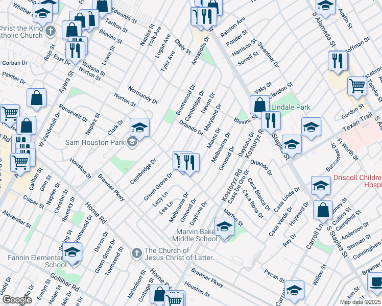 map of restaurants, bars, coffee shops, grocery stores, and more near 1435 Maryland Drive in Corpus Christi