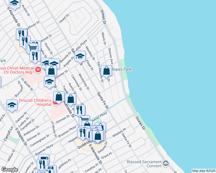 map of restaurants, bars, coffee shops, grocery stores, and more near 144 Ropes Street in Corpus Christi