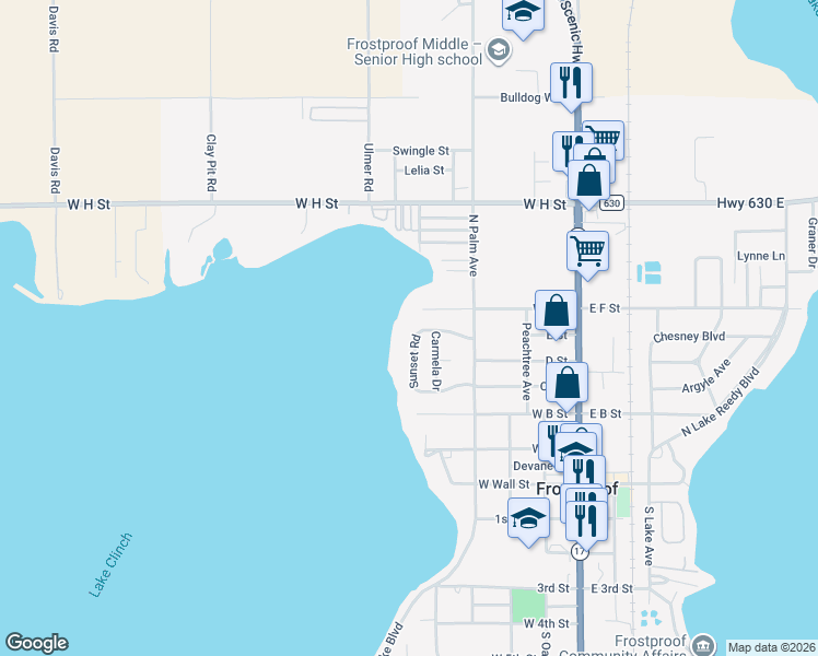 map of restaurants, bars, coffee shops, grocery stores, and more near 327 Sunset Road in Frostproof