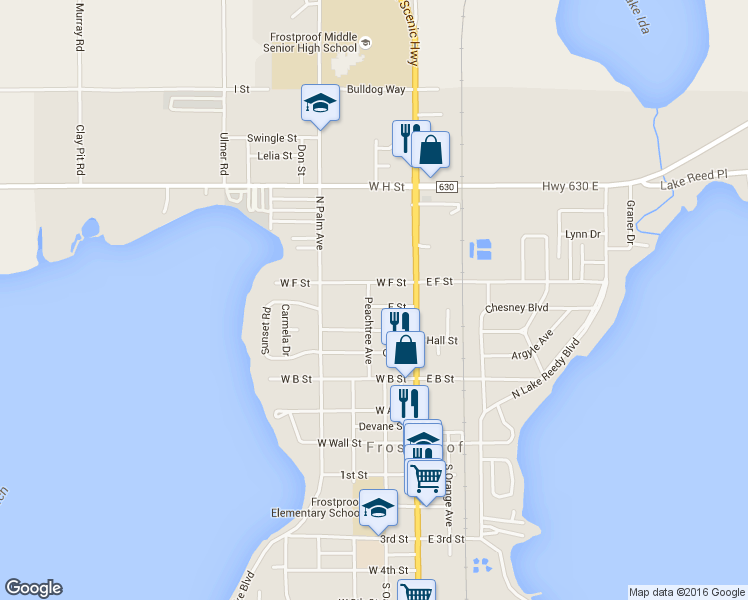 map of restaurants, bars, coffee shops, grocery stores, and more near 40 E St in Frostproof