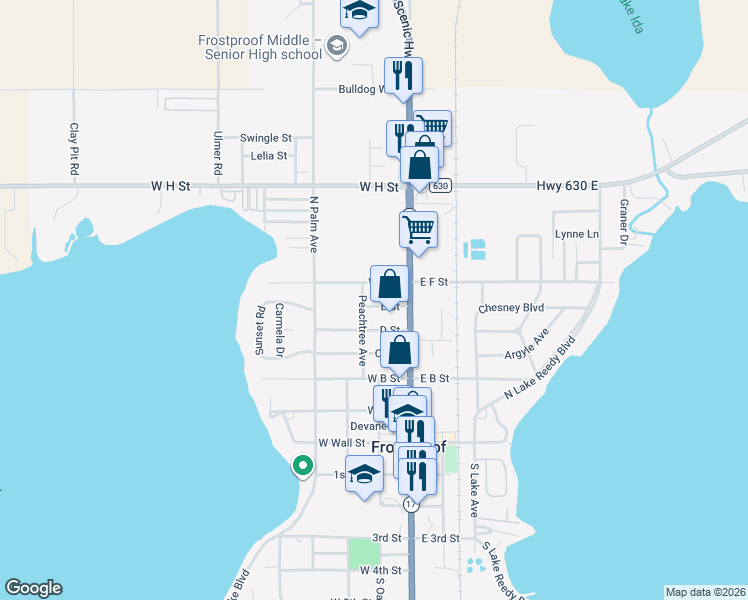 map of restaurants, bars, coffee shops, grocery stores, and more near 40 E Street in Frostproof
