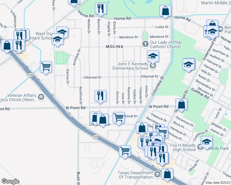 map of restaurants, bars, coffee shops, grocery stores, and more near 4601 Elvira Drive in Corpus Christi