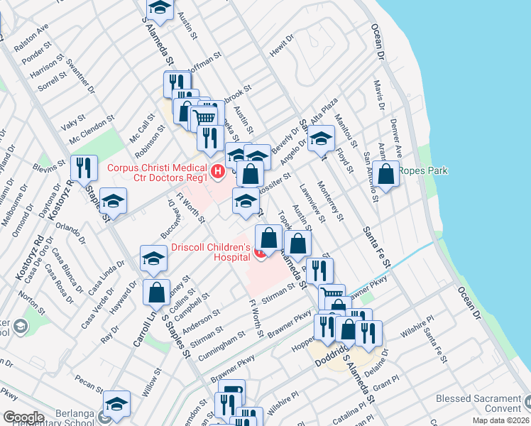 map of restaurants, bars, coffee shops, grocery stores, and more near 3430 South Alameda Street in Corpus Christi