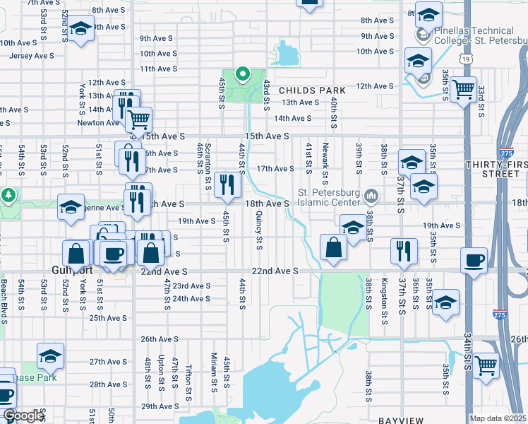 map of restaurants, bars, coffee shops, grocery stores, and more near 1818 Quincy Street South in St. Petersburg