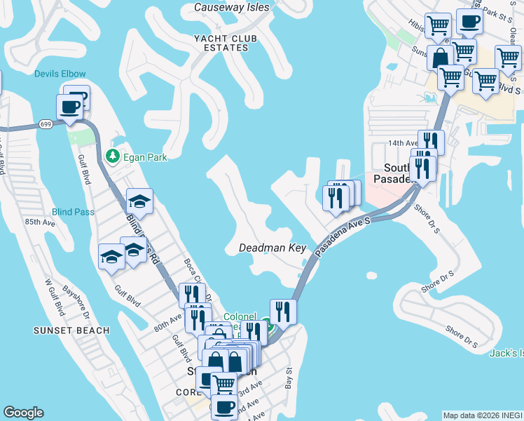 map of restaurants, bars, coffee shops, grocery stores, and more near 7963 Sailboat Key Boulevard South in South Pasadena