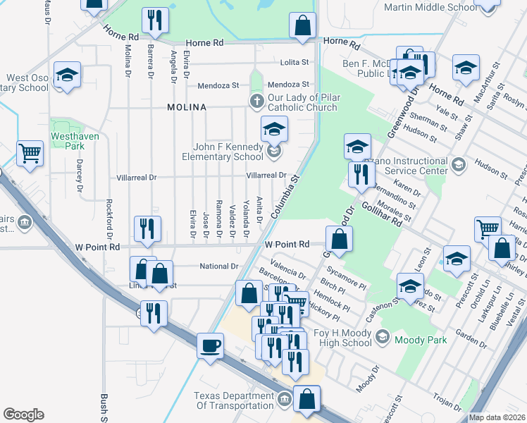 map of restaurants, bars, coffee shops, grocery stores, and more near 4602 Anita Drive in Corpus Christi
