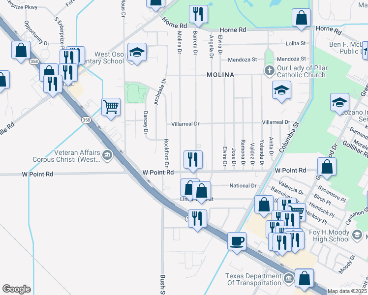 map of restaurants, bars, coffee shops, grocery stores, and more near 4550 Molina Drive in Corpus Christi