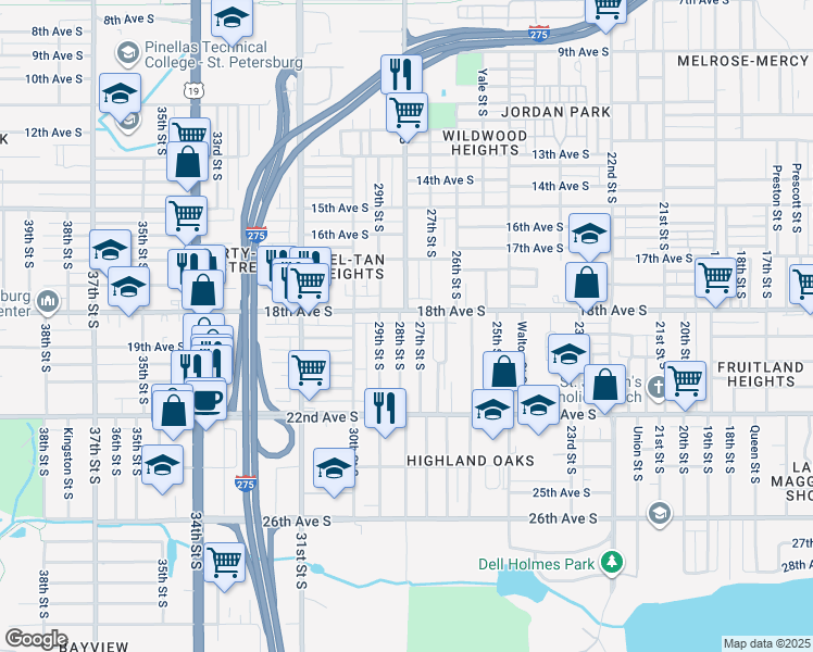 map of restaurants, bars, coffee shops, grocery stores, and more near 1820 28th Street South in St. Petersburg