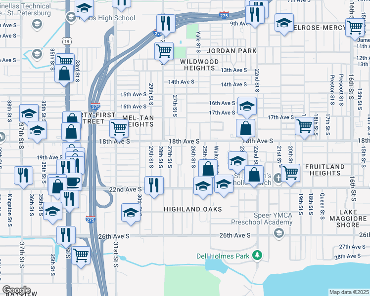 map of restaurants, bars, coffee shops, grocery stores, and more near 1820 Auburn Street South in St. Petersburg