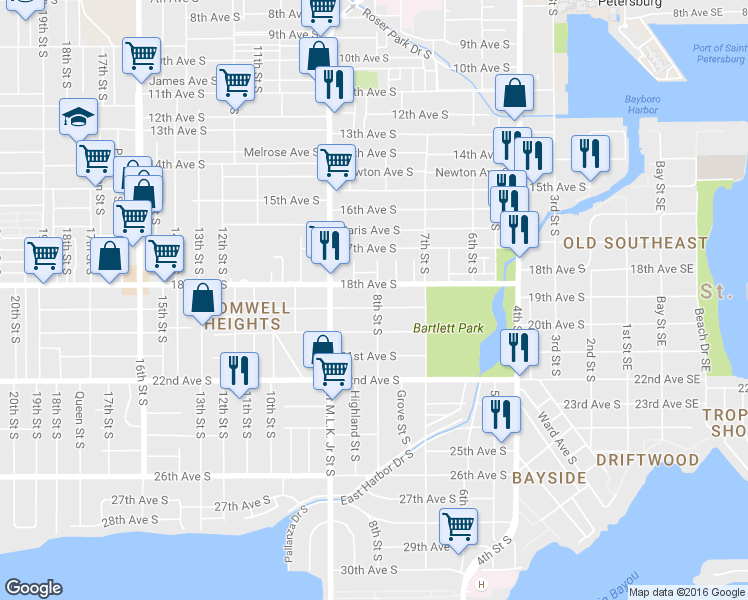 map of restaurants, bars, coffee shops, grocery stores, and more near 775 19th Avenue South in St. Petersburg